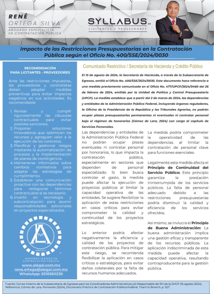 Impacto de las Restricciones Presupuestarias en la Contratación Pública según el Oficio No. 400/SSE/2024/0030